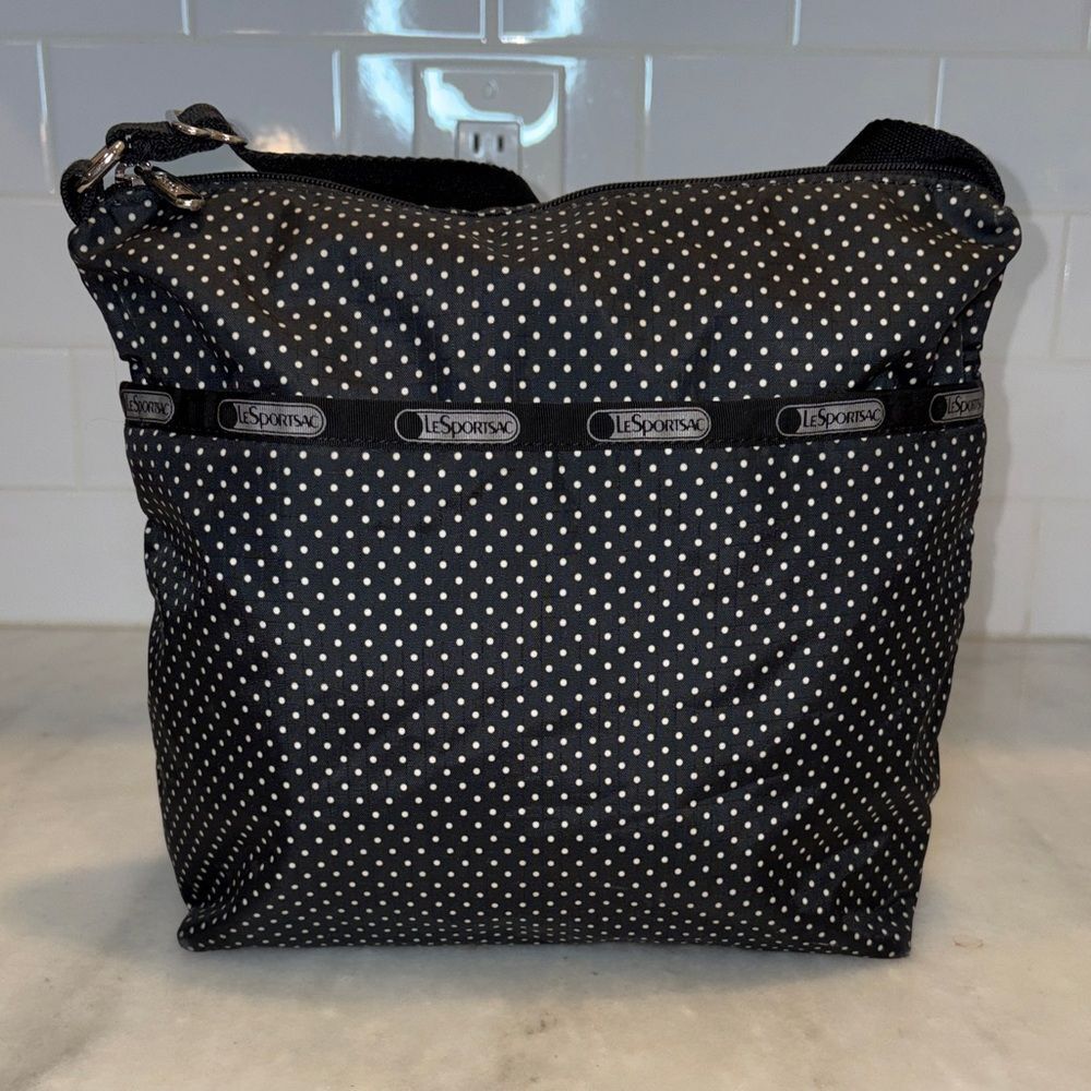 LeSportsac Purse Crossbody Shoulder Bag Black White Polka Dot Nylon - Picture 2 of 16